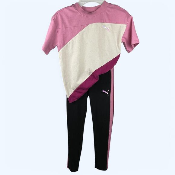 Puma Girls Active 2 piece set with leggings and tshirt Pink with Metallic Logo M - Picture 1 of 7